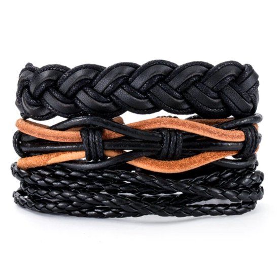 LGT JWLS LGT Jewels Heren armbanden set handgemaakt gevlochten zwart leer
