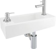 Differnz Sapon Fonteinset - Lavabo Céramique - Blanc - Robinet Droit - Chrome - 42x18.5x9cm - Avec Distributeur de Savon