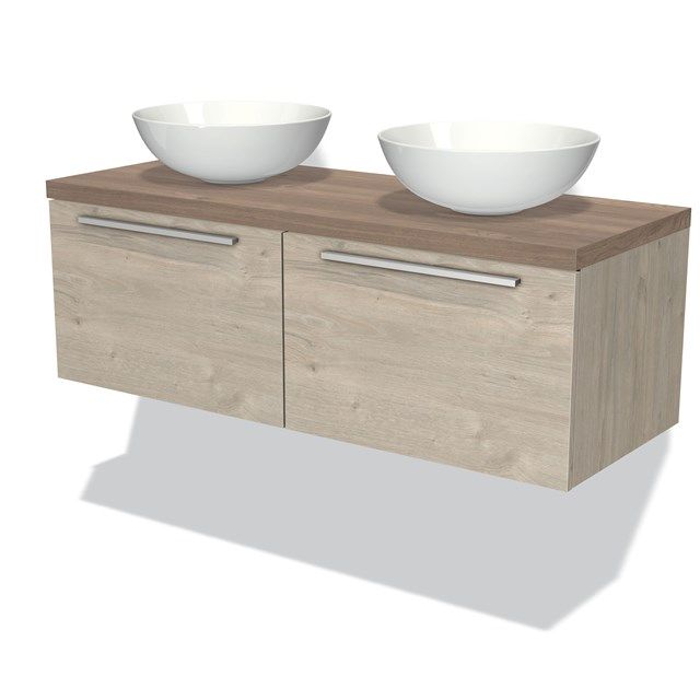 Maxaro Badkamermeubel Modulo Plato 120cm Lichtgrijs Eiken 2 Lades Vlak Middenbruin Eiken Blad