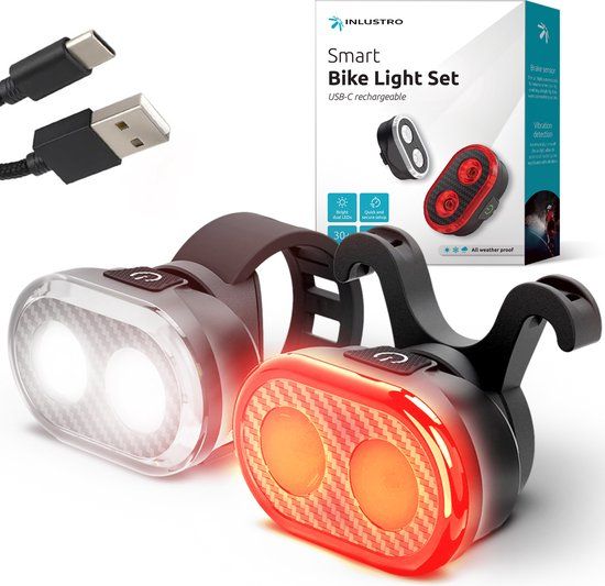 Inlustro Smart Fietslamp Set - Achterlicht met Remsensor / Zadelbevestiging - LED Fietslampjes Rood en Wit - Fietslicht Koplamp Voorlicht - USB Oplaadbaar / Waterdicht