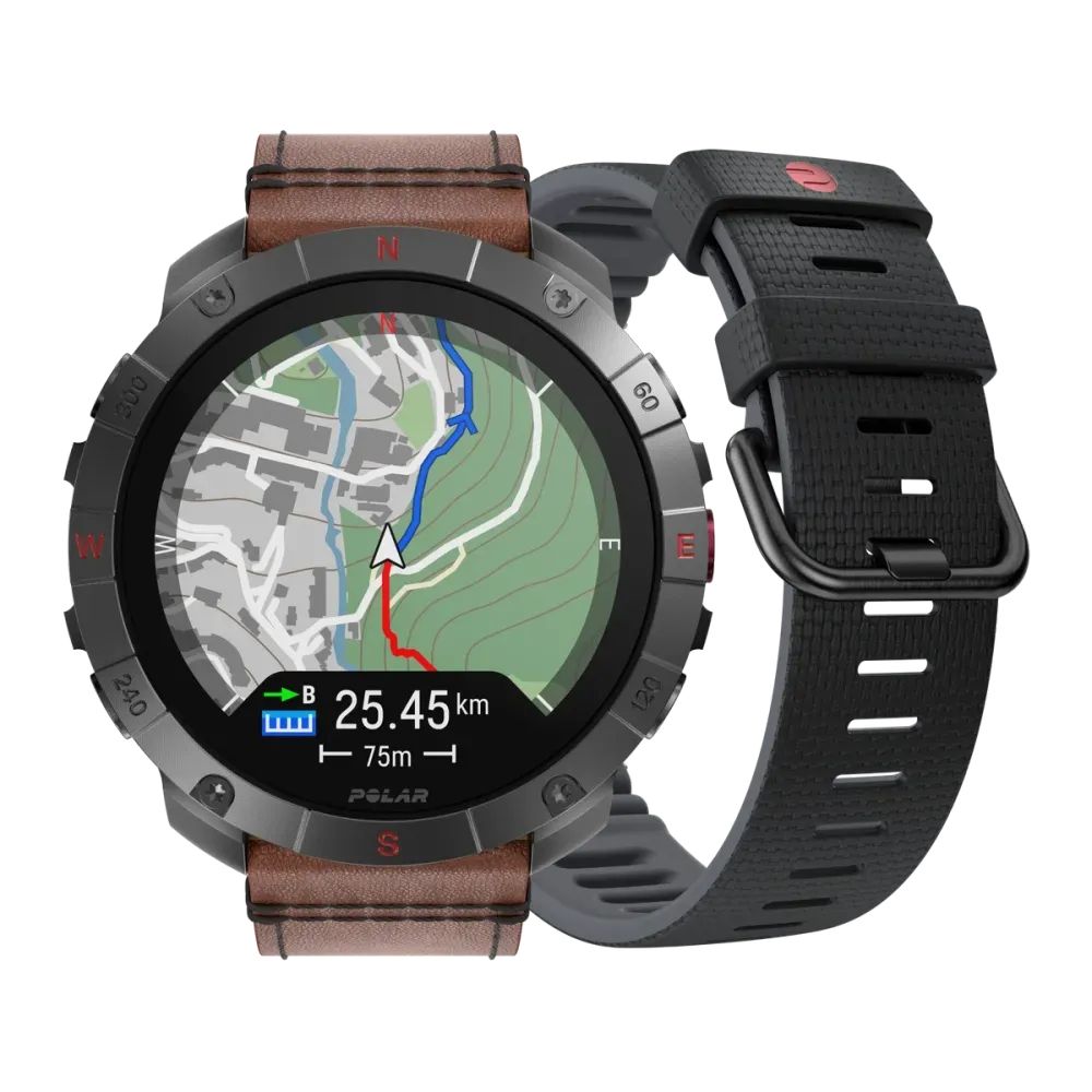 Polar Grit X2 Pro Titan - Sport Smartwatch - 1.39" AMOLED - Titanium - GPS - Black/Brown Straps