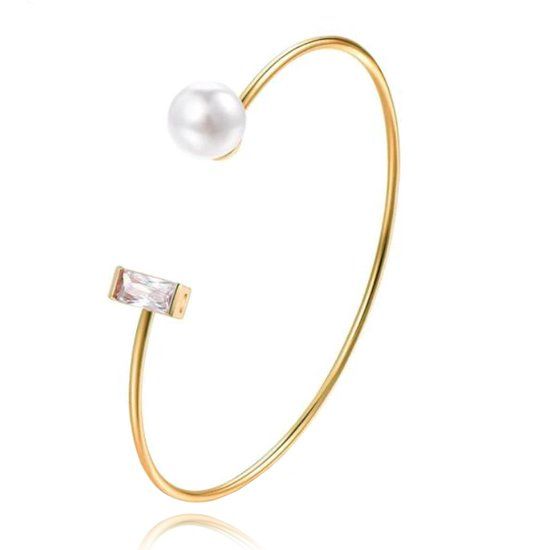 LGT JWLS Goudkleurige armband met Rechthoekige Zirkonia Steen en Imitatie Parel