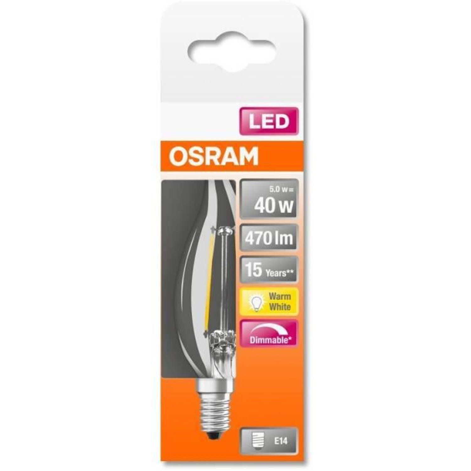 Osram LED lamp E14 Sierkaars BA35 Filament Helder Dimbaar 2700K 4W (40W)