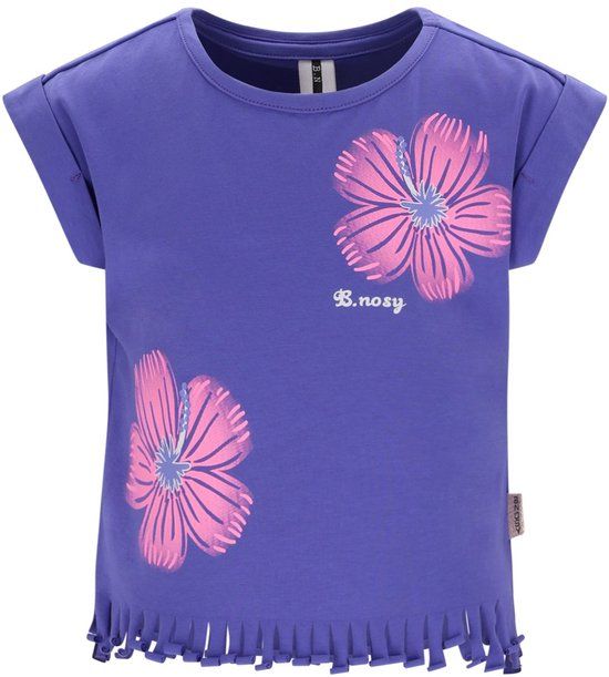 B.Nosy Meisjes T-shirt met franjes en bloemenprint - Paars - Maat 146/152