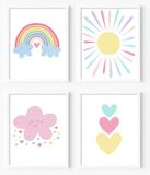 Roze kinderkamer muurkunst prints babymeisje canvas regenboog pastel wanddecoratie boho roze wolk kleurrijke zonneschijn harten muurkunst voor peuter meisjes baby kinderkamer decor, set van 4 (8 x 10