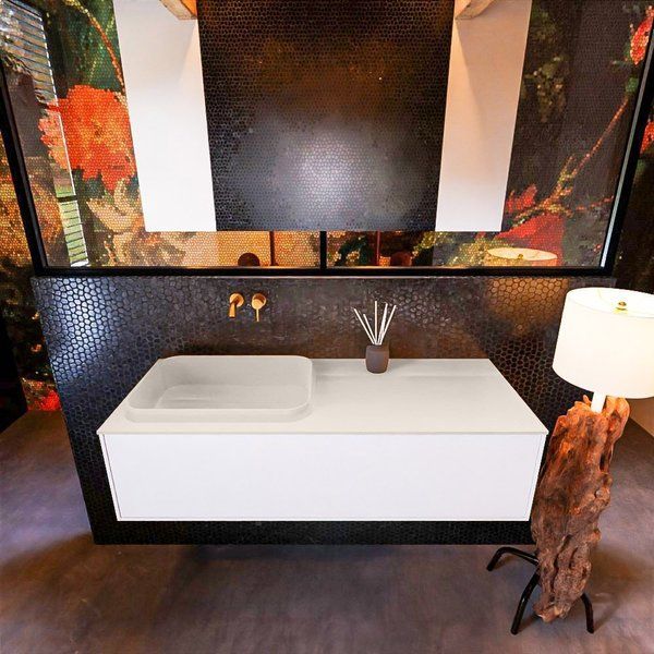 Mondiaz ERIN 120cm badmeubelset onderkast Talc met 1 lade + Wastafel RIDGE links Linen