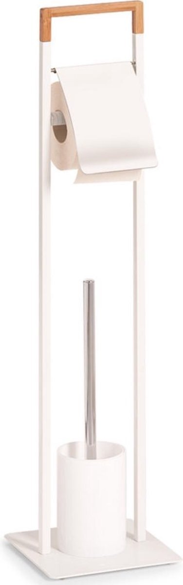 ZELLER 1x Toiletborstels met toiletrolhouder wit metaal/bamboehout 75 cm - - Huishouding - Badkameraccessoires/benodigdheden - Toiletaccessoires/benodigdheden - Wc-borstels/toiletborstels - Toiletrolhouders