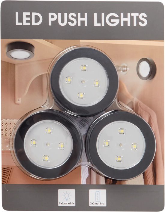 SUPERBRIGHT LEDS Luxe zwart gekleurde zelfklevende LED druklampen - Set van 3 - Werkt op batterijen - Push Light - Druk Lamp - Licht voor voorraadkasten, caravans, tenten, auto's en boten