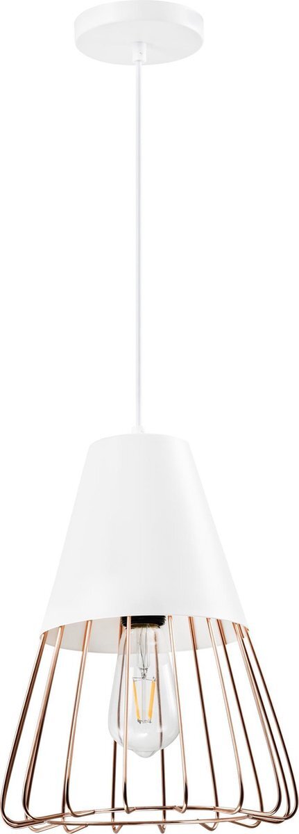 QUVIO Hanglamp industrieel - Lampen - Plafondlamp - Leeslamp - Verlichting - Verlichting plafondlampen - Keukenverlichting - Lamp - Rose gold staaldraad - E27 fitting - Voor binnen - Met 1 lichtpunt - D 26 cm - Wit en roze