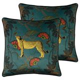 Paoletti Tropica Cheetah Polyester Gevulde Kussens (Twin Pack), Teal, 45 x 45 cm
