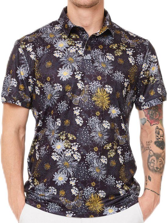 Func Factory Men's Polo Shirt Flower Print - Size 3XL - Black/Grey/White/Ochre/Army Green - Golf - Short Sleeve - Polyester