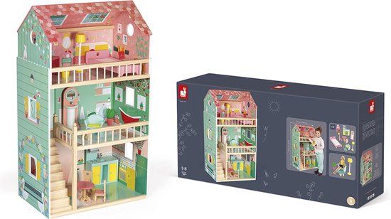 Janod Happy Day Doll's House - Wooden Dollhouse with 3 Floors - Includes 12 Furniture Pieces - Ages 3+