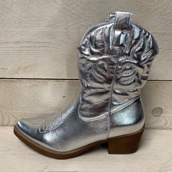 SmileFavorites® Dames Cowboylaarzen Western Kort - Zilver - Imitatieleer - Maat 38