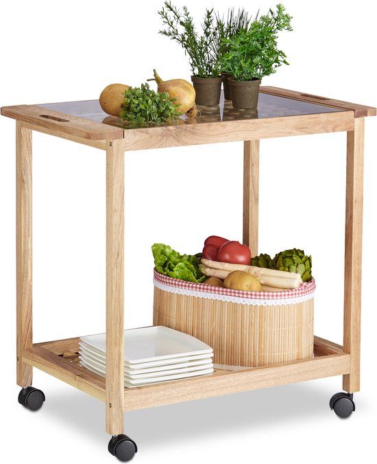 Relaxdays Serveerwagen - Walnotenhout - 2 Plateaus - Glasplaat - 62 x 66 x 38 cm