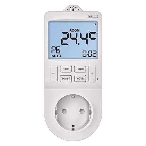 Emos 2-in-1 stopcontactthermostaat en timer, digitale kamertemperatuurregelaar en timerstopcontact voor verwarming en koeling, radiator, infraroodverwarming, aquarium, terrarium, broeikas