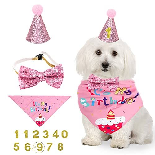 NITAIUN 4 stuks hond verjaardag hoed hond verjaardag party bandana puppy hond verjaardag outfit met vlinderdas kraag en nummer, hond kat kostuums voor huisdier verjaardag decoraties, feestdecoratie set (roze)