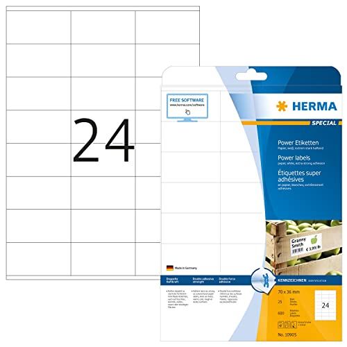 HERMA 10905 powerlabels A4 (70 x 36 mm, 25 vellen, papier, mat) zelfklevend, bedrukbaar, extreme sterk klevende universele etiketten, 600 etiketten voor printer, wit