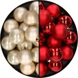Decoris Kerstversiering 32x stuks kunststof kerstballen mix van champagne en rood 4 cm