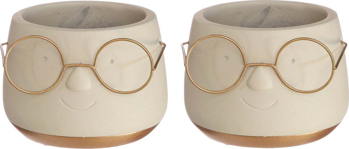 comforder 2x Bloempot met Gezicht - Ø8 x H6,5 cm - Grijs/Goud