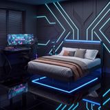 Bealife BF30 Tweepersoonsbed - 140 x 200 cm - Gestoffeerd bed - Jongerenbed - Zwevend Design - met LED-verlichting - Stopcontacten, USB & Type-C - Hoofdbord met Opbergruimte - Donkergrijs