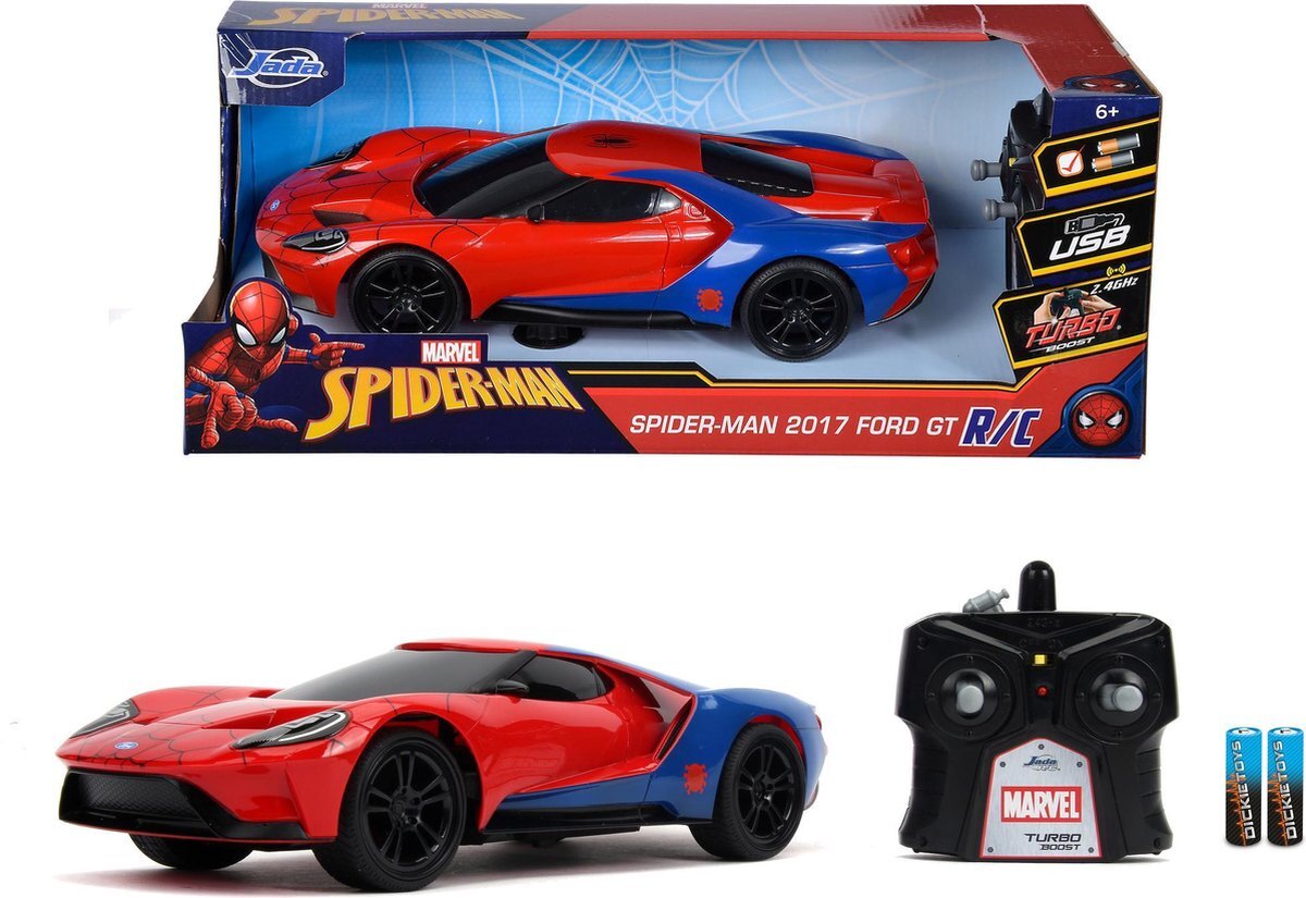 simba Jada Toys 253226002 Marvel RC, Spiderman 2017, Ford GT, Ferngesteuertes Auto, Turbofunktion, 2-Kanal Funkfernbedienung, USB-Ladefunktion, inkl. Batterien, 1:16, rot/blau/weiß