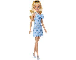 Barbie Pop - Pop met Blond Haar en Blauw Halterjurkje met strik - Modepop