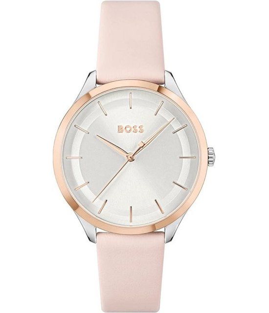 BOSS Dameshorloge 1502643 - Zilverkleurig - Roze leren band - 36 mm