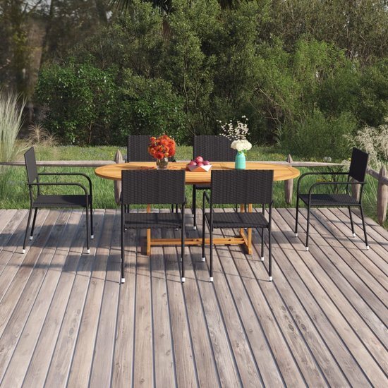 The Living Store Tuinset Acaciahout - Eettafel (150-200x100x74 cm) - 6 Stoelen (51x60x87 cm) - Zwart Rattan