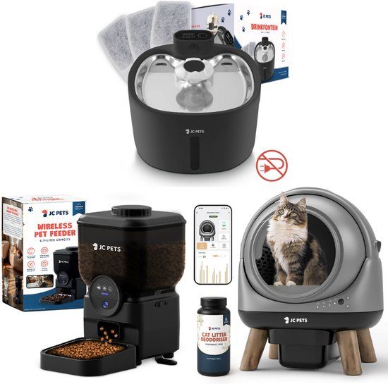 JC Pets Zelfreinigende Automatische Kattenbak met RVS - Draadloze Drinkfontein incl. 3 Filters en Voederbak - Slimme Elektrische Kattenbak XXL 65L – Incl. Uitloopmat, Geurverdrijver & Veiligheidssensoren - Voerbak kat dispenser met Camera - Met app