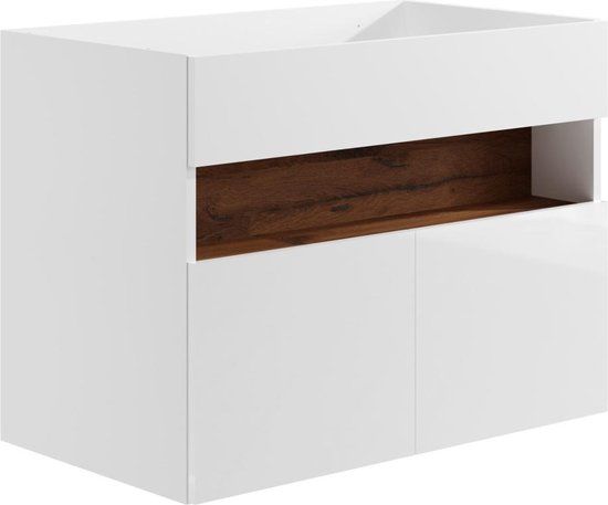 Hangende wastafelkast met LED-verlichting - Wit en donker natuurlijk - L80 cm - POZEGA