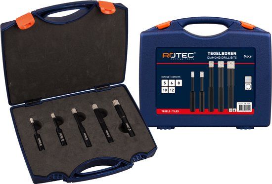 Rotec 5-dlg. Tegelboorset type '758', met wax, in kunststof koffer