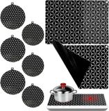 Merkloos Set van 8 Beschermmatten voor Inductiekookplaten - Siliconen Kookmatten - Wit/Zwart - 25 cm Diameter