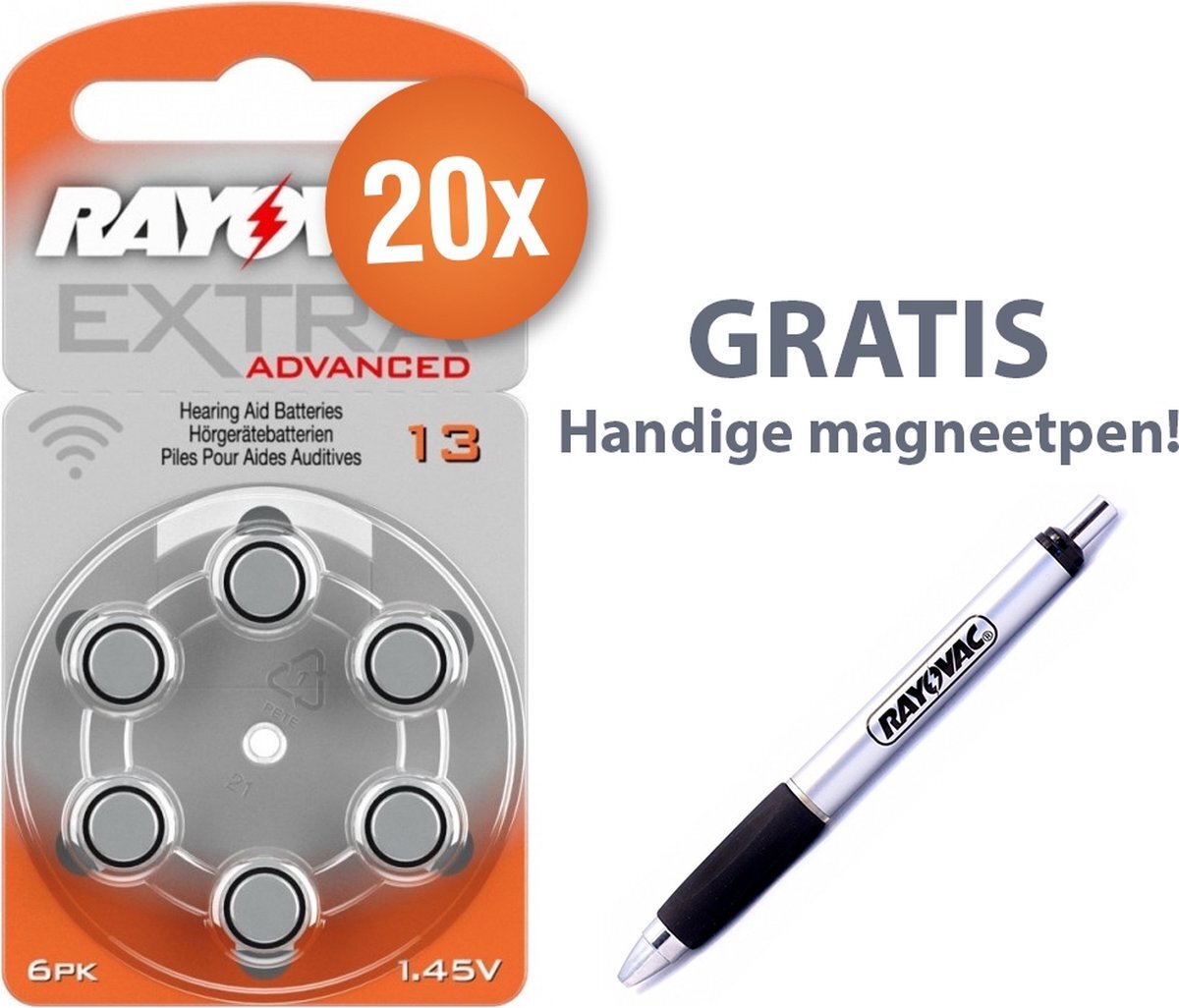 Rayovac Voordeelpak gehoorapparaat batterijen - Type 13 (oranje) - 20 x 6 stuks + gratis magnetische batterijpen