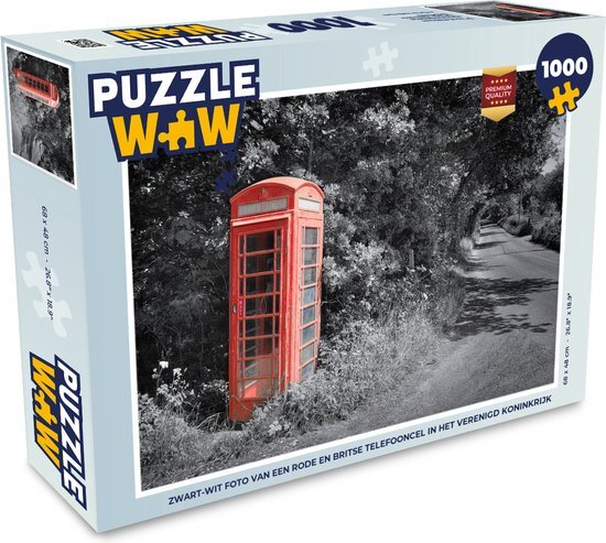 MuchoWow Puzzel Zwart-wit foto van een rode en Britse telefooncel in het Verenigd Koninkrijk - Legpuzzel - Puzzel 1000 stukjes volwassenen - Sinterklaas cadeautjes - Sinterklaas voor grote kinderen