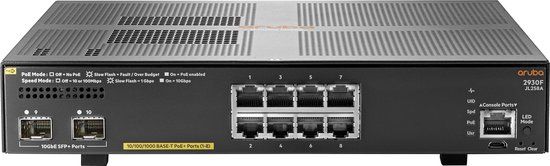 HPE Aruba 2930F 8G PoE+ 2SFP+ Managed L3 Switch - Gigabit Ethernet - PoE+ - 1U - Grijs