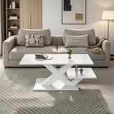 OKWISH Salontafel – Rechthoekig Met Dubbel Tafelblad – Hoogglans MDF Wit – 100 x 48 x 45 cm