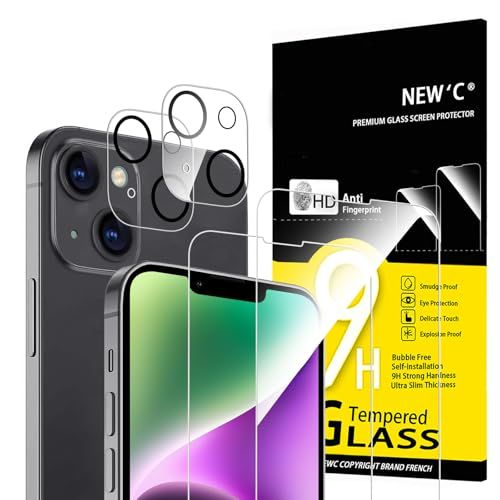 NEW'C Set van 4, 2 x Screen Protector voor iPhone 14 (6,1 Inch) en 2 x Camera Lens Protector - Gehard Glass Schermbeschermer - Luchtbelvrij - Ultrabestendig - 9H hardheidsglas