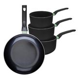 Fackelmann 9430350 Set van 1 koekenpan 28 cm en 3 pannen 16, 18 en 20 cm, keramische antiaanbaklaag, PFAS-vrij, voor alle warmtebronnen, inductie, oven, aluminium, zwart, groen, 16, 18 en 20 cm