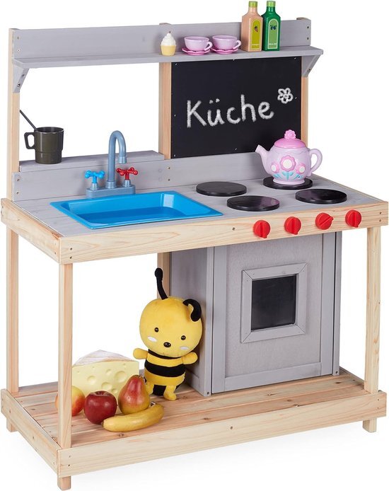 Speelkeuken voor buiten kinderen met wasbak en fornuis - Modderkeuken van hout - 100x87.5x40.5 cm natuur/grijs