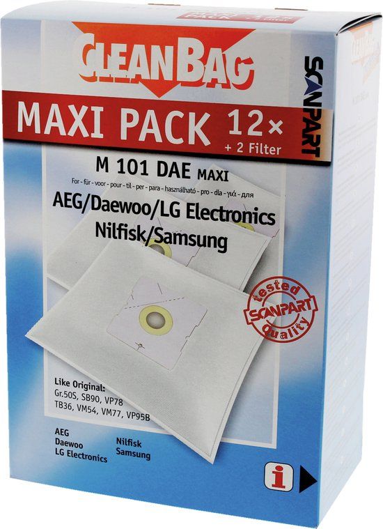 CleanBag M 101 DAE MAXI Stofzuigerzakken - 12 stuks - Geschikt voor AEG, Daewoo, LG, Nilfisk, Samsung - Inclusief 2 filters