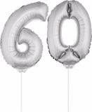 Shoppartners Bv 60 jaar leeftijd feestartikelen - versiering cijfers - ballonnen op stokje - van 41 cm - Combi van cijfer 60 - in het zilver