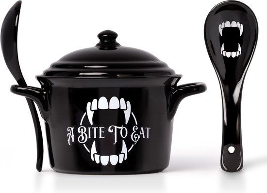 Alchemy England A Bite To Eat heksenketelkom met lepel Mueslikom zwart-wit Porselein