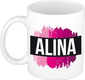 Bellatio Decorations Shoppartners Bv Alina naam cadeau koffie mok - beker - met roze verfstrepen - Cadeau collega - moederdag - verjaardag - juf - coach - 300 ml - wit