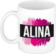 Bellatio Decorations Shoppartners Bv Alina naam cadeau koffie mok - beker - met roze verfstrepen - Cadeau collega - moederdag - verjaardag - juf - coach - 300 ml - wit