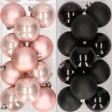 Decoris Kaemingk B.V. 24x stuks kunststof kerstballen zwart en lichtroze 6 cm