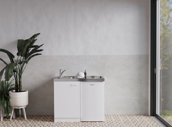 Mini keuken Levin - 100 cm - Wit/Wit - Elektrische kookplaat - Koelkast - Compact