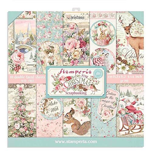 STAMPERIA INTL, KFT (3PL) SBBXS07 Extra Klein Blok 10 vellen-15,24 x 15,24 (6 x 6 inch) Double Face Pink Christmas, meerkleurig, 15,24 x 15,27