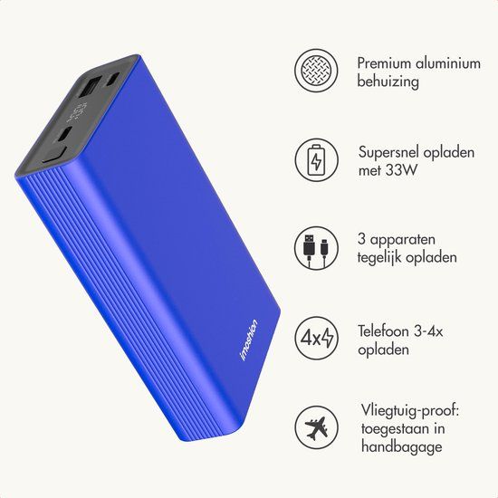 imoshion Powerbank 20000 mAh - 30W Ultra Snellader - 4x Smartphone Opladen - USB C / USB A - Universeel - Quick Charge 3.0 en Power Delivery