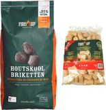 fire up BBQ starterspakket - houtskool briketten 5 kilo - barbecue aanmaak houtwolkrullen 60x