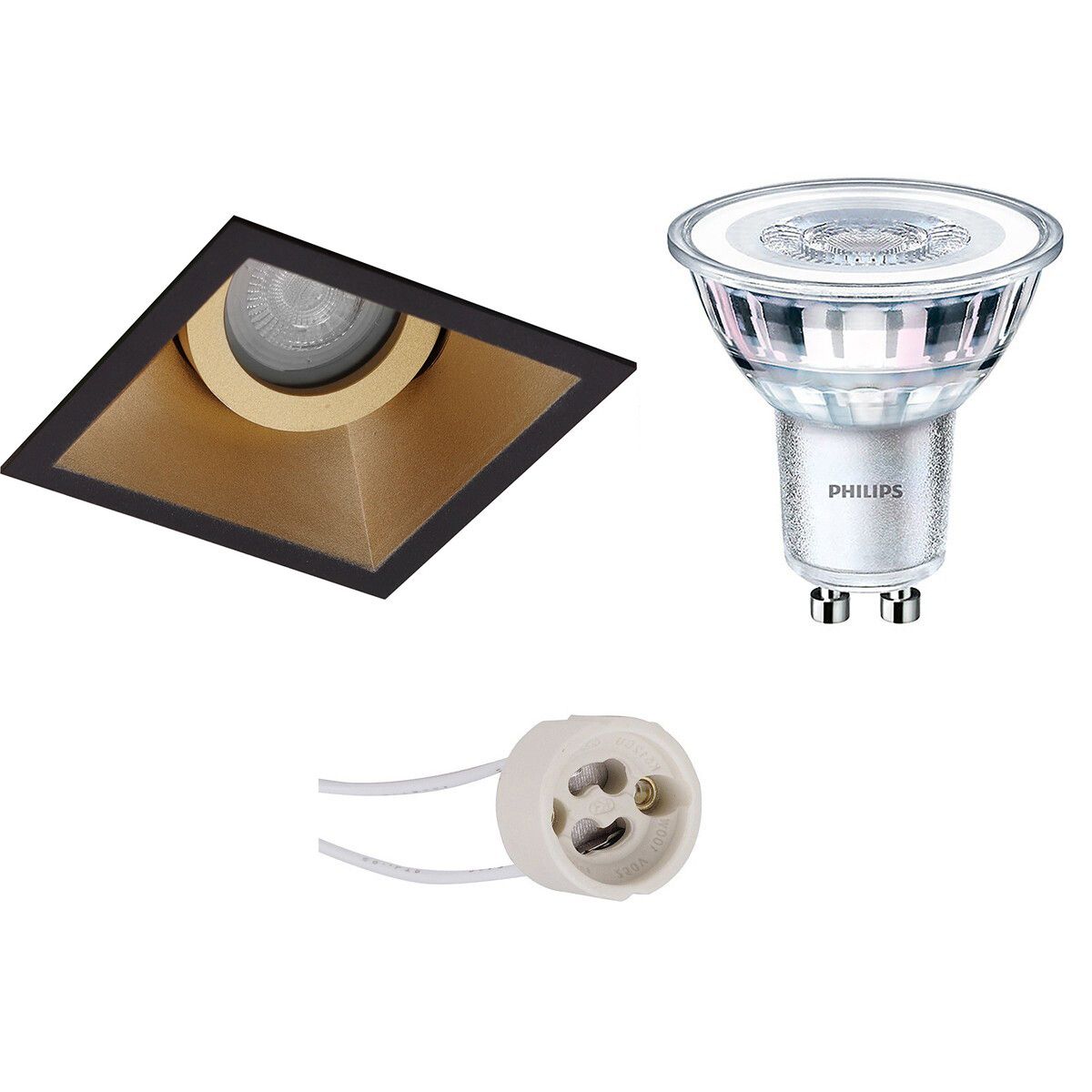 BES LED LED Spot Set - Pragmi Zano Pro - GU10 - Vierkant - Mat Zwart/Goud - Kantelbaar - Philips CorePro 830 36D - 4W - Warm Wit - Dimbaar